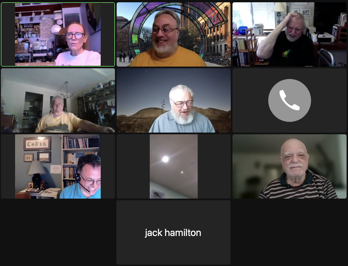 Zoom participants, left to right and top to bottom: Max Vasilatos, Josh Simon, Arnold Zwicky, Dennis Lewis, Joel Levin, Dennis Lewis' phone, Tom Limoncelli, Leroy Dominique's ceiling, Ken Rudolph, and Jack Hamilton