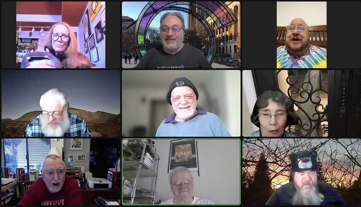 Zoom participants, left to right and top to bottom: Max Vasilatos, Josh Simon, Patrick Califia, Joel Levin, Ken Rudolph, Emily Rizzo, Arnold Zwicky, Dennis Lewis, and Mike McManus